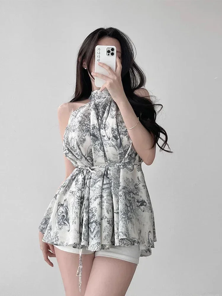 Новинка 2025 года винтажная блузка с чернильным принтом и контрастным цветом на