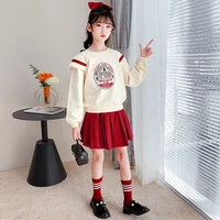 new girls korean spring clothing sets print sweatshirt red skirt childrens clothes casual outfits 4 6 7 8 9 10 11 12 14 years