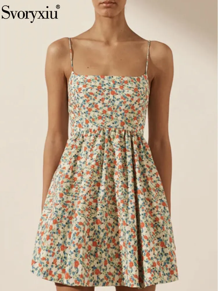 

Svoryxiu Runway Fashion Summer Floral Print Elegant Spaghetti Strap Mini Dress Women's Square Collar Loose Waist Vacation Dress