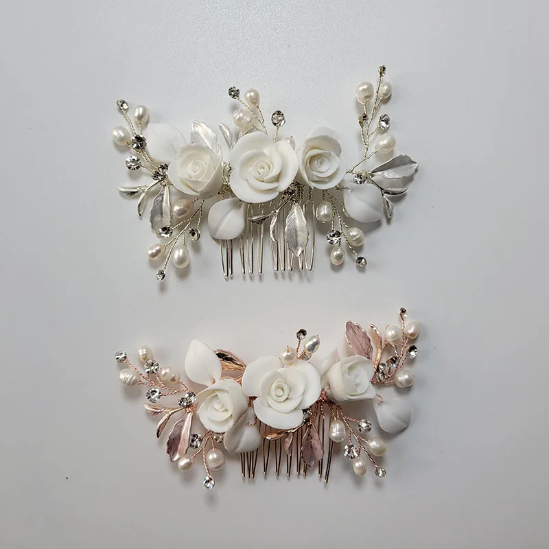 

SLBRIDAL Handmade Alloy Leaf Rhinestone Ceram Flower Freshwater Pearls Bridal Hair Comb Wedding Hair Accessories Women Jewelry