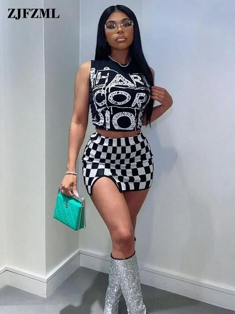 

Gothic Women's Dress Suits Sleeveless Letter Print Tank Crop Top and Checkerboard Grid Sheath Mini Skirt 2 Piece Club Outfit Y2K