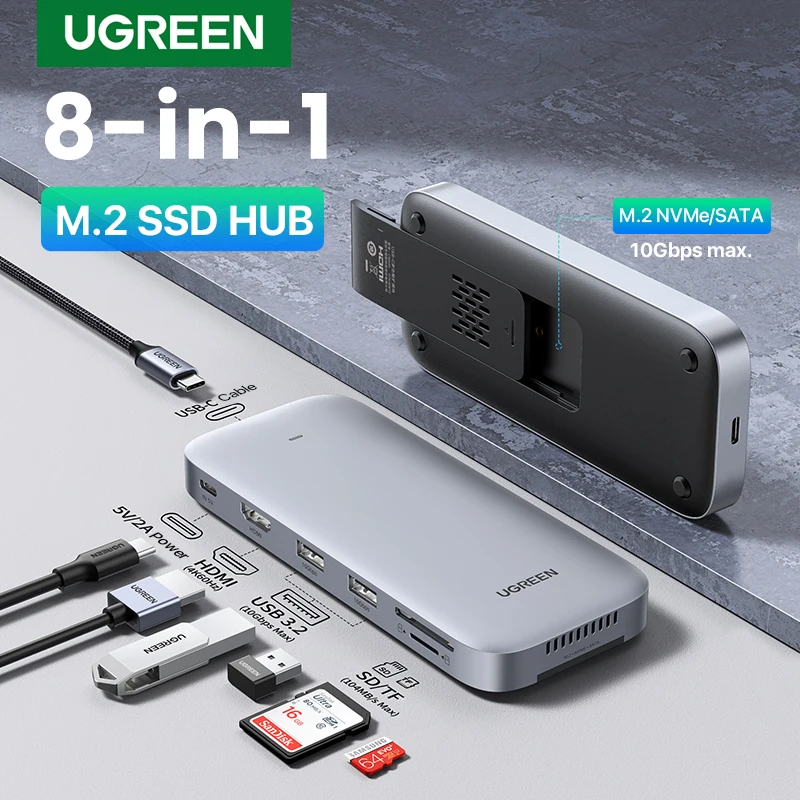 

UGREEN USB C концентратор 10 Гбит/с M.2 SSD корпус NVMe SATA USB 3,2 C к HDMI 4K60Hz SD TF для MacBook Pro Air iPad PC компьютер планшет M2 концентратор