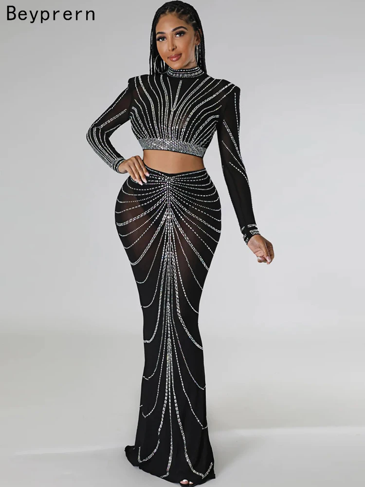 Beyprern Gorgeous Sheer Mesh Crystal Crop Top And Maxi Skirt Set Two-Piece Dress New Luxury Diamonds Party Dress Christmas Gowns