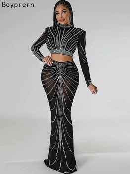 Beyprern Gorgeous Sheer Mesh Crystal Crop Top And Maxi Skirt Set Two-Piece Dress New Luxury Diamonds Party Dress Christmas Gowns 1