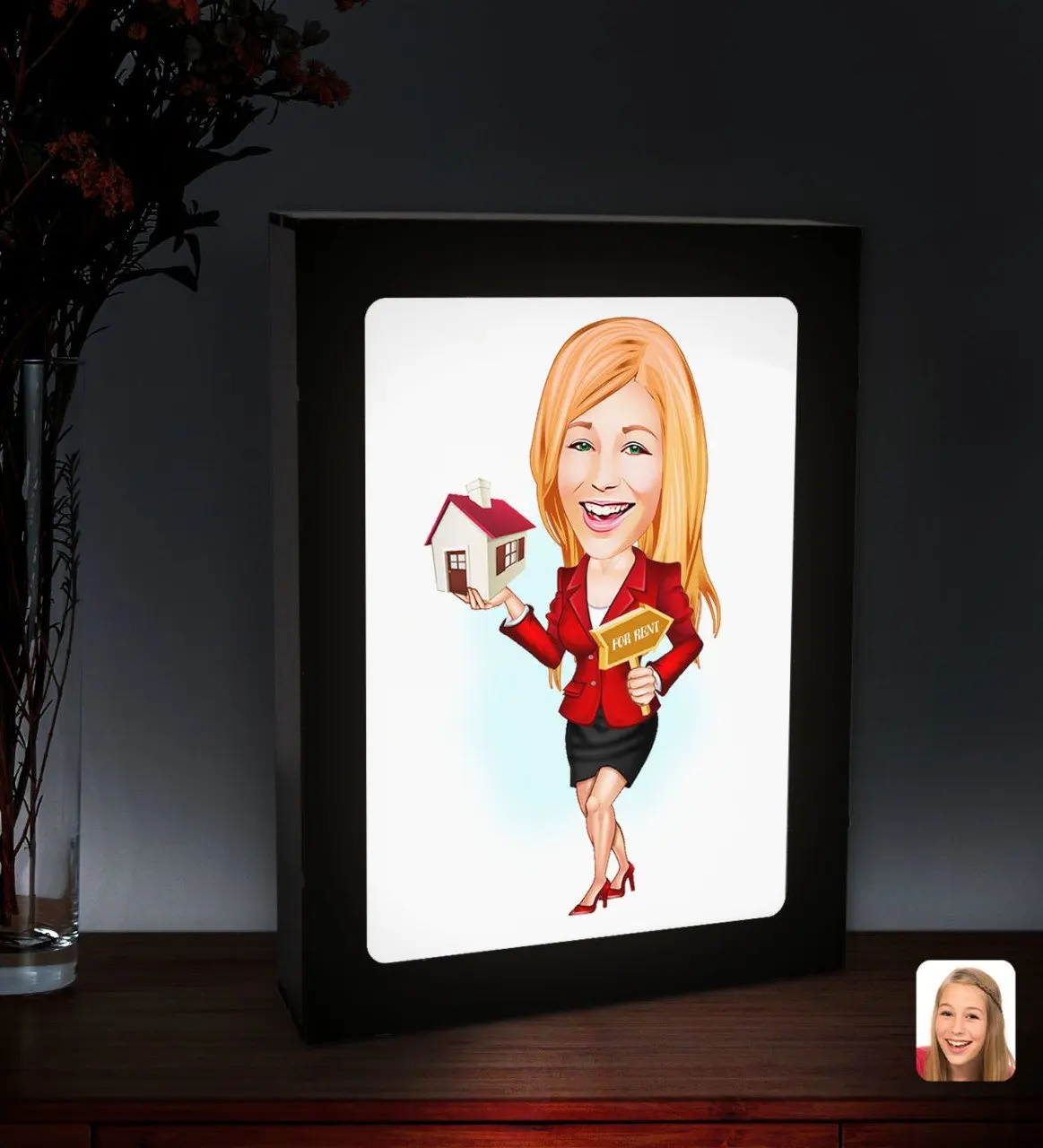 

Персонализированный женский агент по недвижимости, карикатура со светодиодной подсветкой, деревянная фотография Çerçevesi-2
