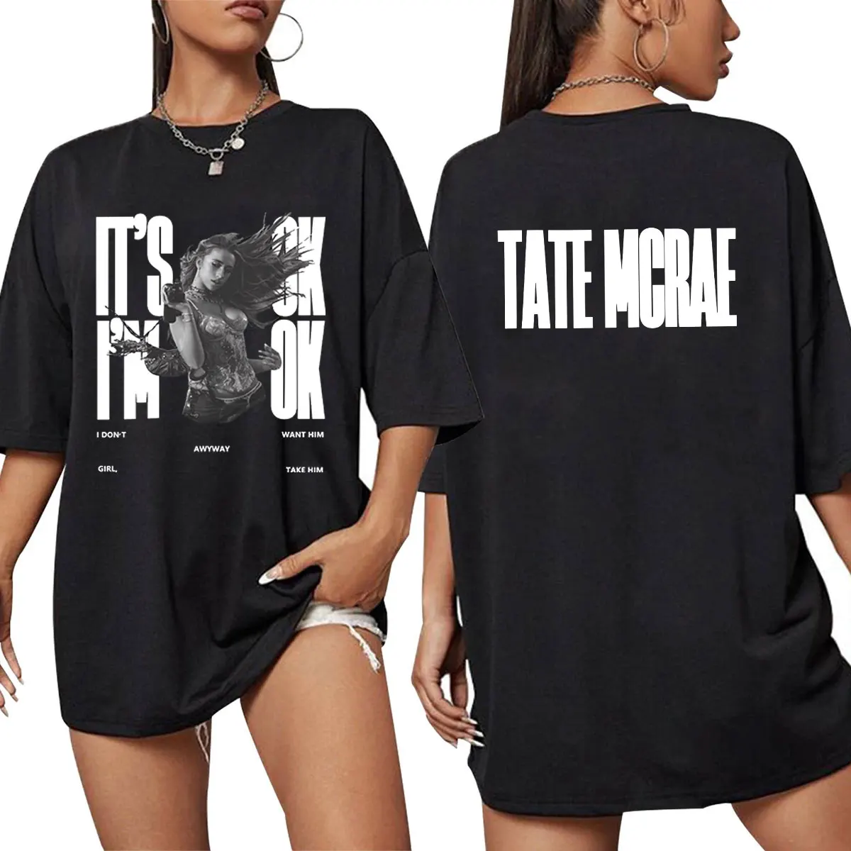 Фото Tate McRae It's Ok I'm Ok Merch T Shirt Mens Women Fashion Harajuku T-shirts Cotton Short Sleeve Oversized T Shirts Streetwear №1