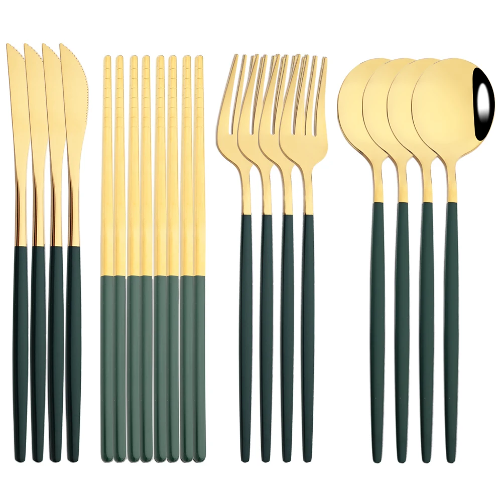 

12-16Pcs Chopsticks Knife Fork Spoon Cutlery Set Green Gold Dinnerware Set Luxury Stainless Steel Flatware Korean Tableware Set