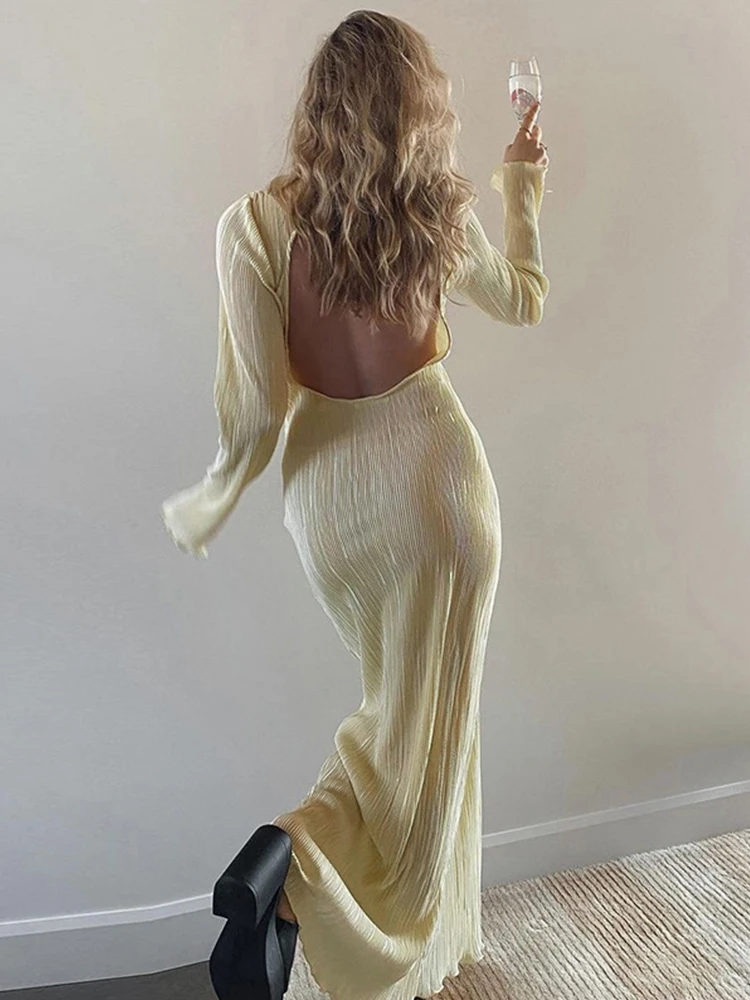 

Elegant Backless Draped Ruched Maxi Dress for Women 2022 Autumn Sexy Long Sleeve Bodycon Slit Dresses Party Club Outfit Clothes