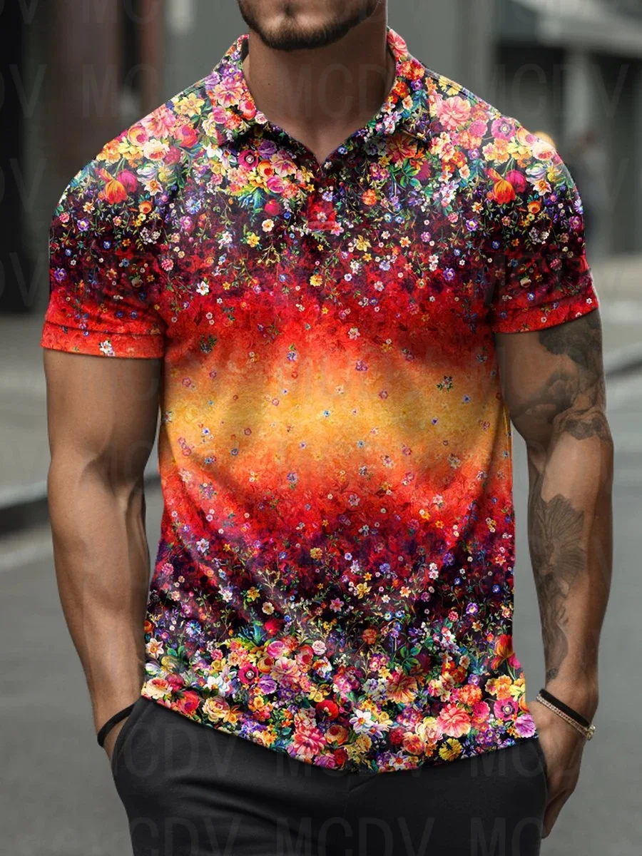 

Men's Simple Casual Red Floral 3D Printed Short Sleeved Polo Shirt