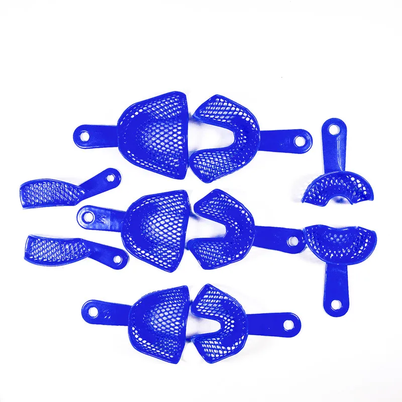 

10pcs Dental Impression Trays Mesh Plastic Steel Material Upper Lower Tray Large Middle Small Quadrant Anterior Blue