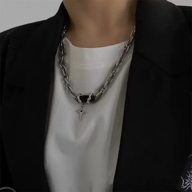 

Black Zircon Cross Necklace Bracelet Star Clavicle Chain Silver Color Charms JewelryGifts for Birthday Punk Cool Pendant Chokers