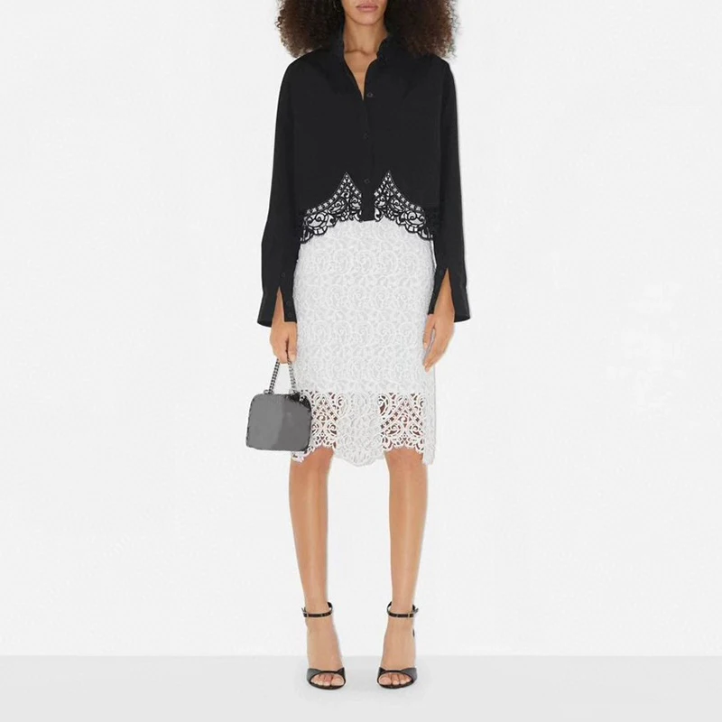 

Женский жаккардовый Кружевной Костюм, однотонная блузка с длинным рукавом и отложным воротником и прямая юбка с высокой талией, 2023