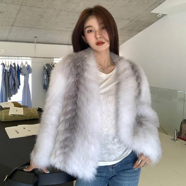 White Tea Ink New Style Fox Fur Grass Coat Femininity Celebrity Cross Fox Strip Medium Length Fur Coat