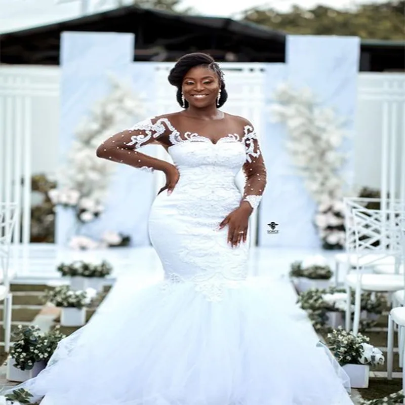 

Роскошное Свадебное платье с круглым вырезом, аппликацией и бусинами, свадебное платье Люкс 2024, Африканское свадебное платье со шлейфом и длинными рукавами