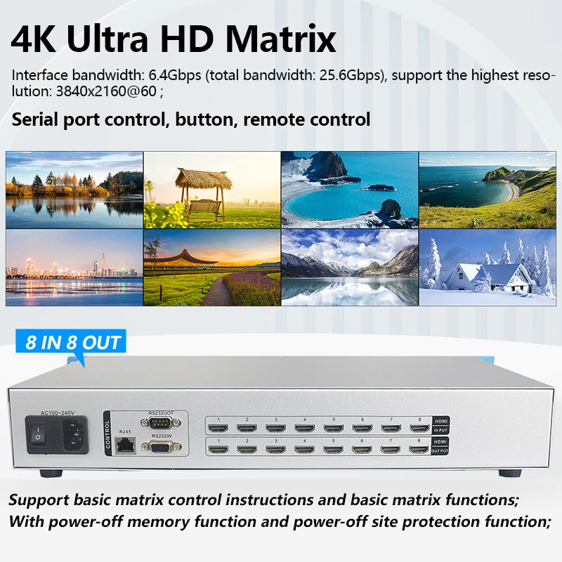 

Matrix Switch HDMI2.0 8x8 4K 60Hz HDCP2.2 Profesional Rack HDMI-compatible Splitter 8 in 8 out with HDMI Audio Video Switcher