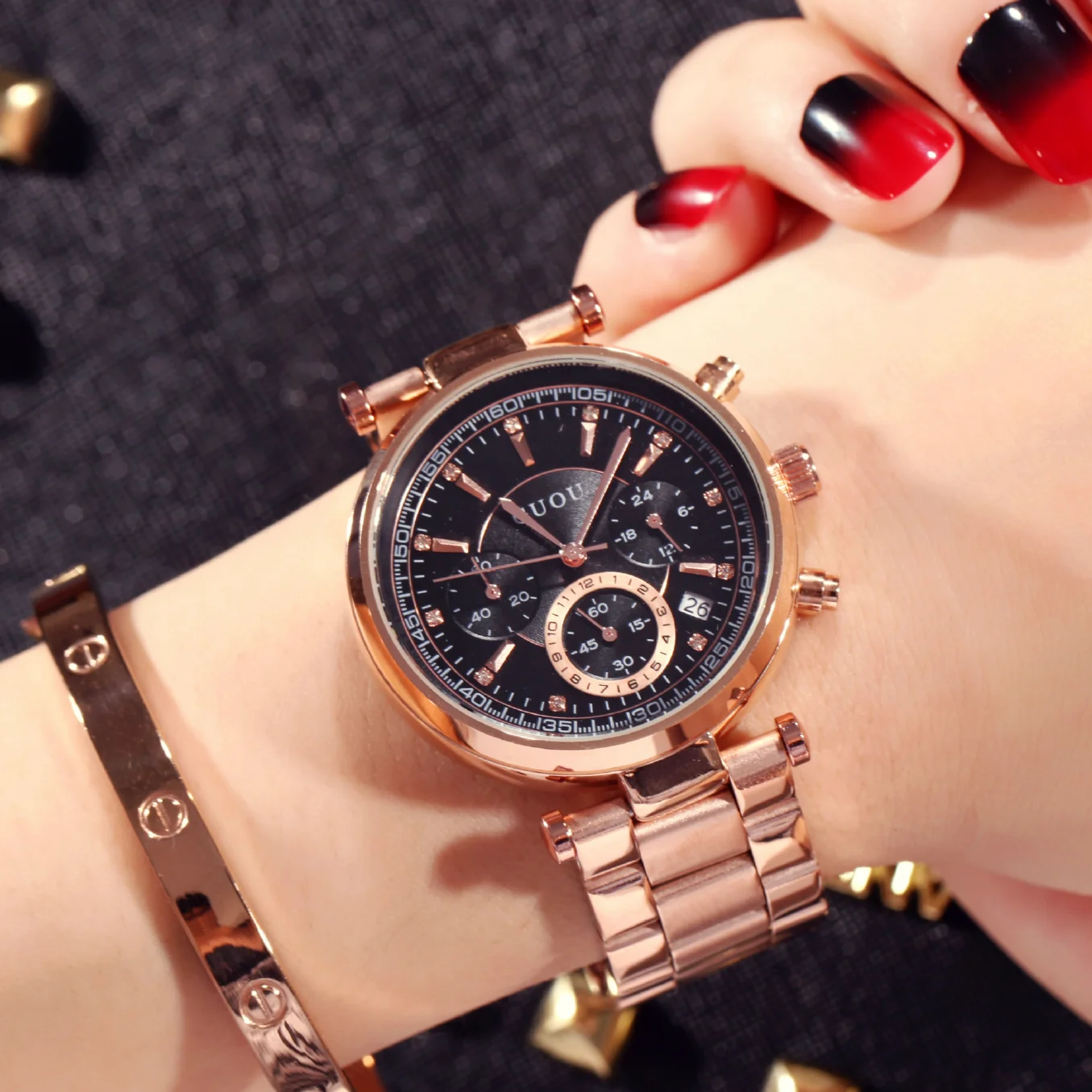 

2018 TOP GUOU Brand Fashion Real 3 Eyes Work Rose Gold Steel Quartz Women Ladies Wrist Watch Bracelet Calendar Japan Movt Clock