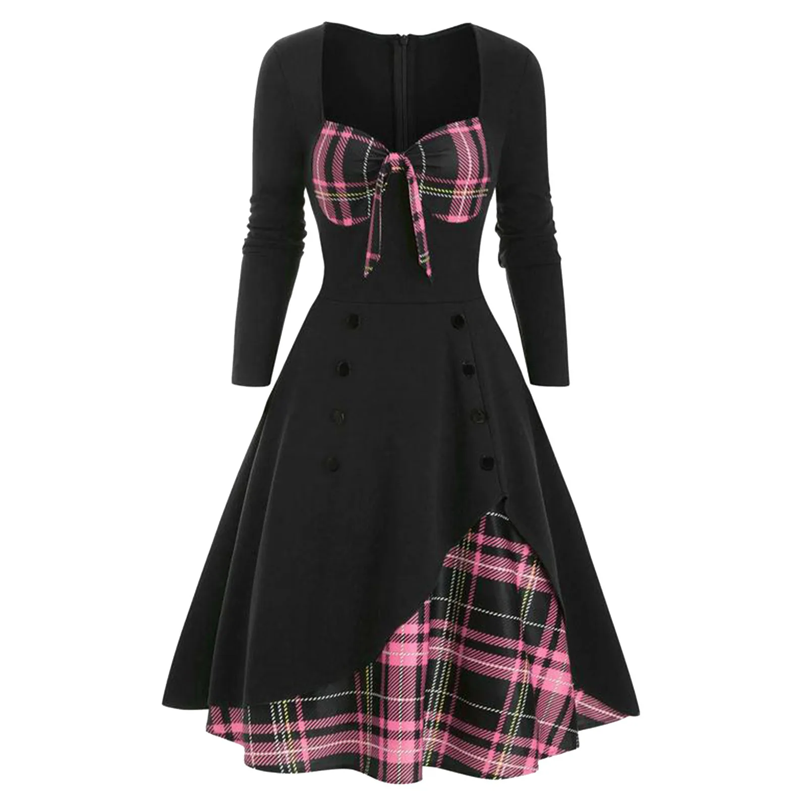 

Women Sexy Vintage Casual Plaid Print Gothic Dress Waist Contrast Splicing Double Breasted Swing Dress Long Dresses With Sleeves