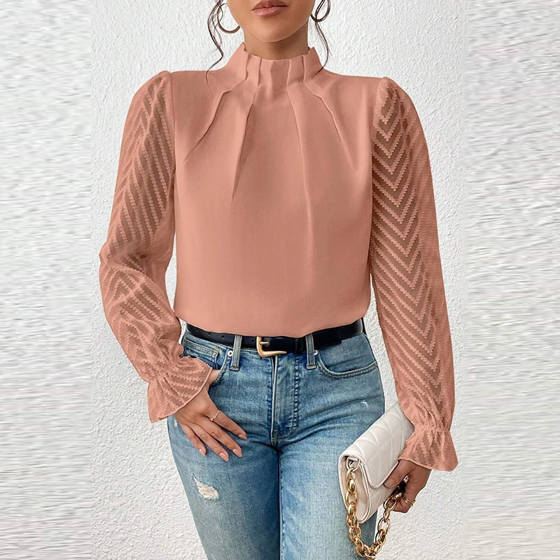 

Elegant Solid Color Women Blouse Fahsion Causal Stand Collar Ruched Shirt Commuting Office Wave Gauze Long Sleeve Blouse Female