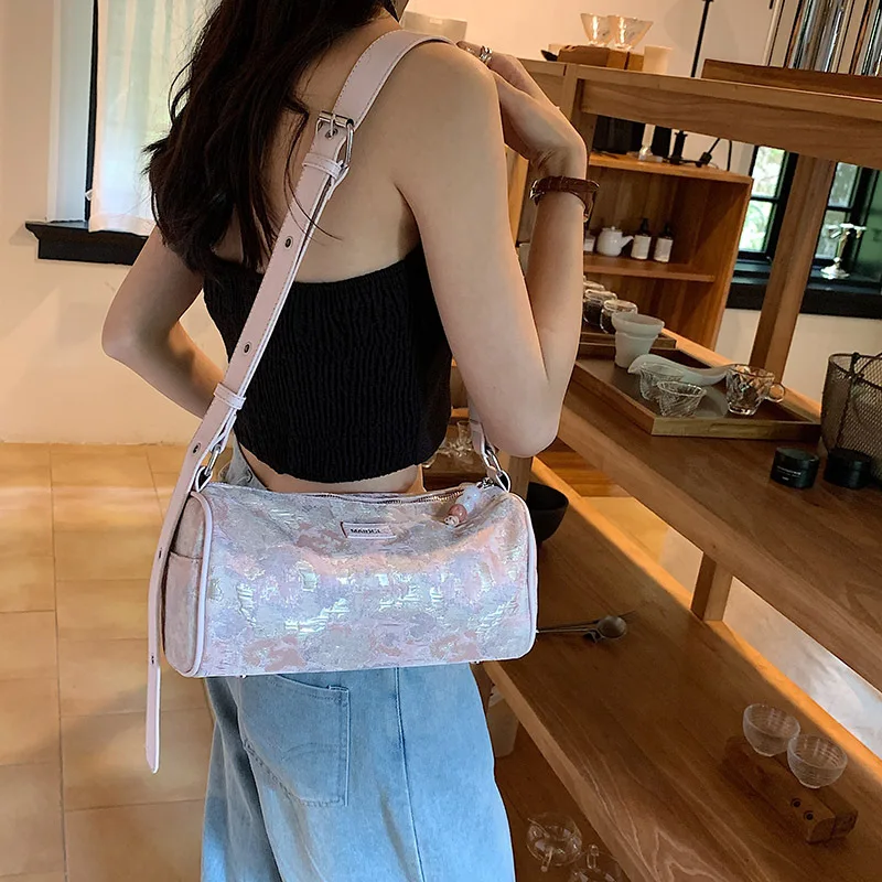 Colorful Printed Retro Bag Women's 3D Flower Pink Cylindrical Crossbody Bag Large Capacity Pillow Bag Fashion Storage Wallet