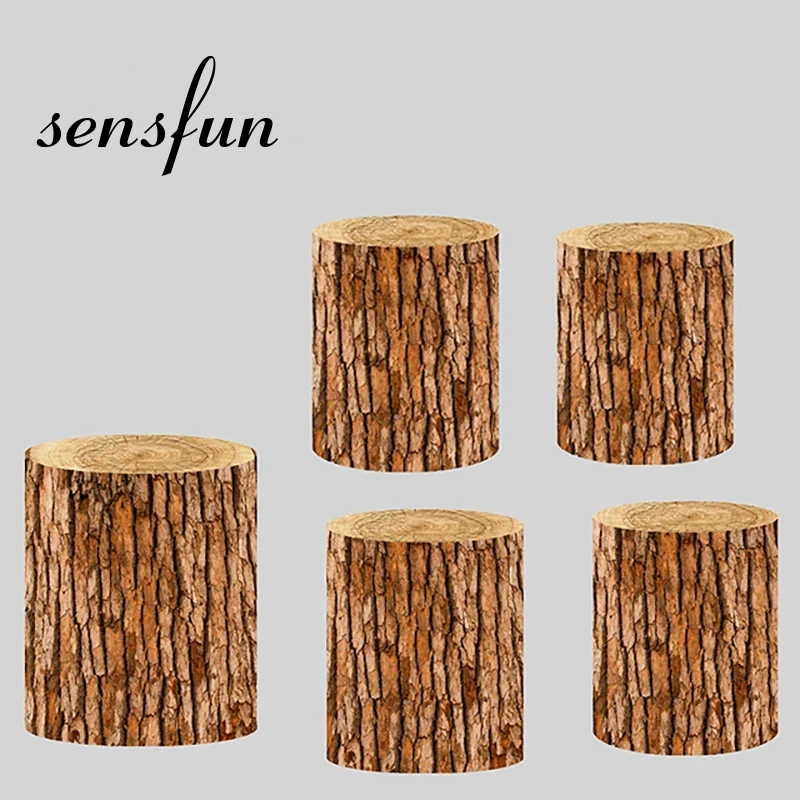 

Round Cylinder Plinth Covers Background Elastic Polyster Customized Wood Bark Texture