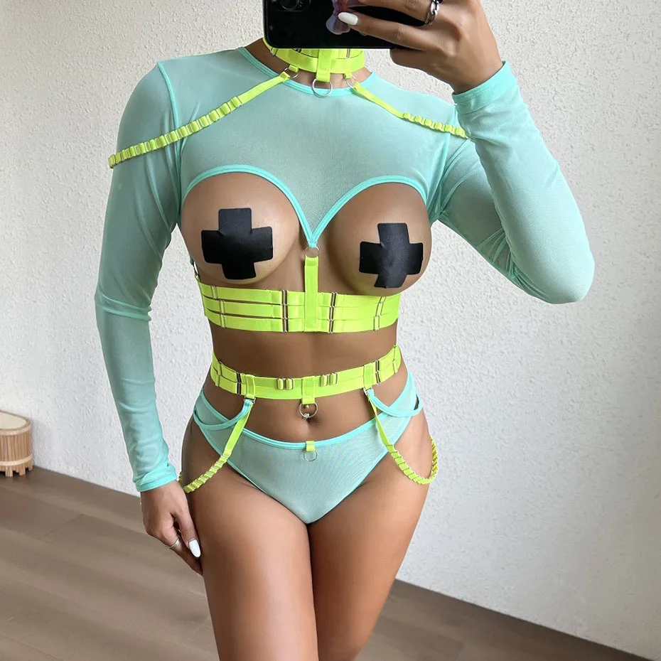 Sexy Porn Body Lingerie Women Underwear Lace Hollow Out Bodysuit Belt Teddy Sleepwear Transparent Erotic Lingerie Porno Costumes