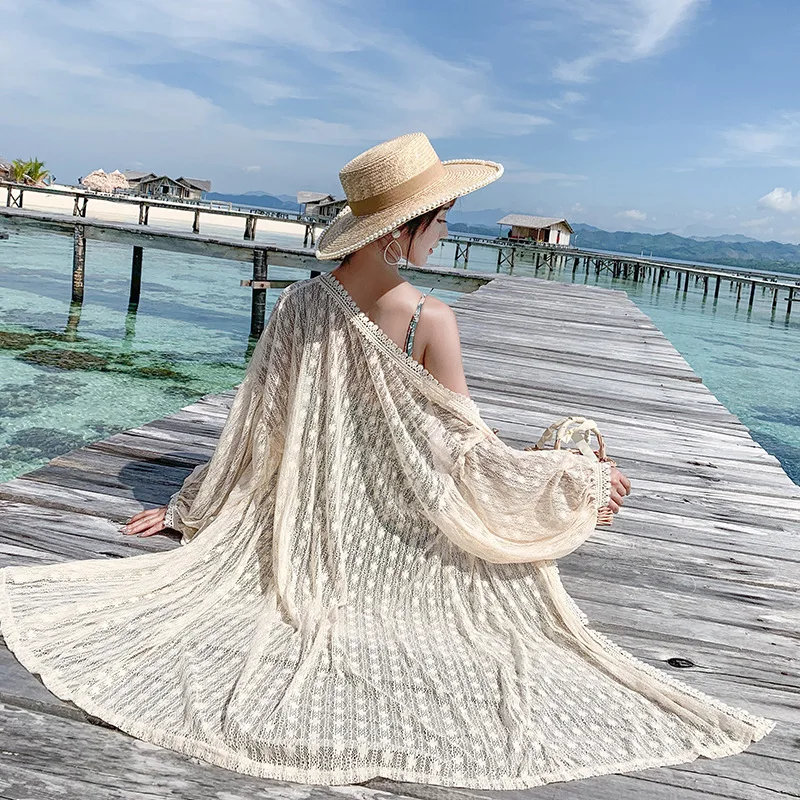 Женская пляжная блузка Длинная накидка на бикини кружевная вязаная открытый