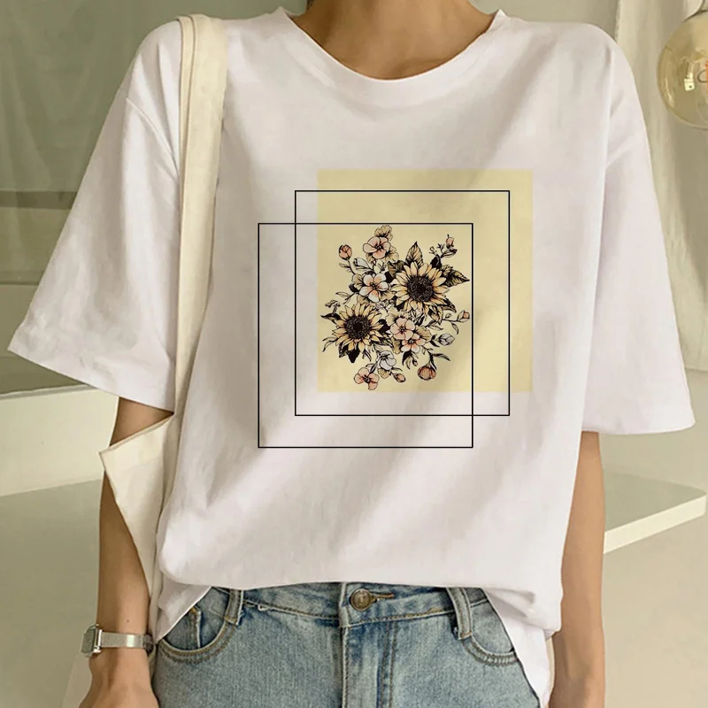 Plant flower geometric women's shirt Harajuku women's short-sleeved geometric flowers women's casual T-shirt