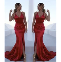 sexy v neck luxury cocktail red prom dress mermaid cross backless satin ladies formal evening dress split front row wedding gues