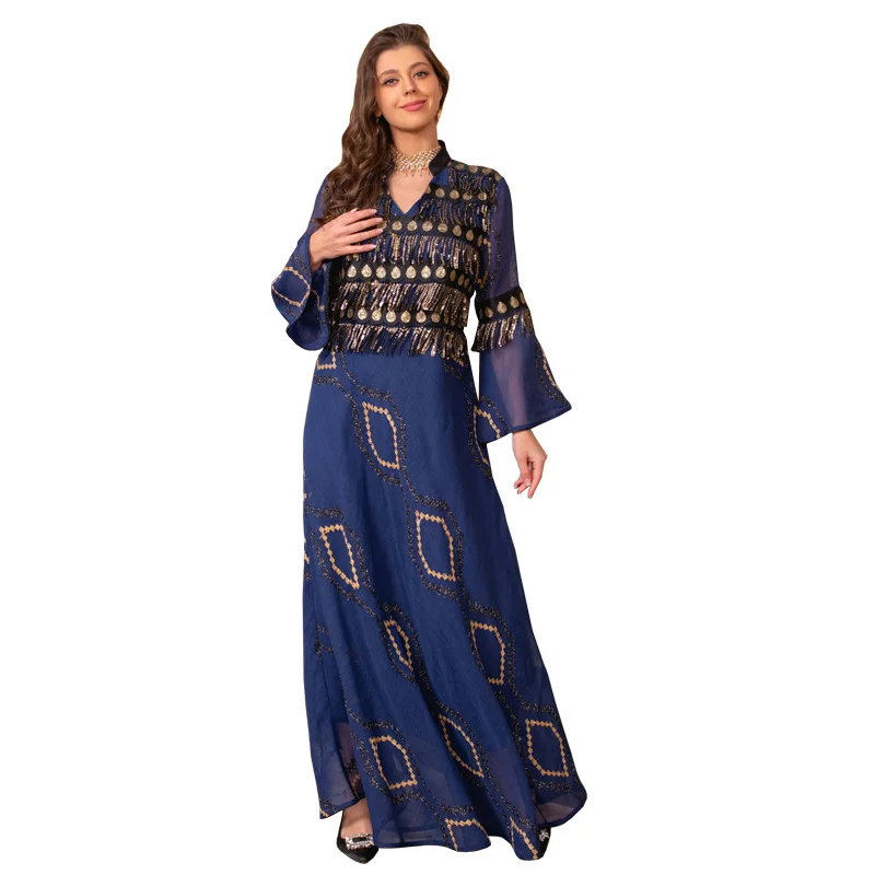 Muslim Fashion Summer Women Long Sleeve V-neck Polyester Sequined Long Abaya Muslim Dress Abaya Dress Clothes for Muslim Women