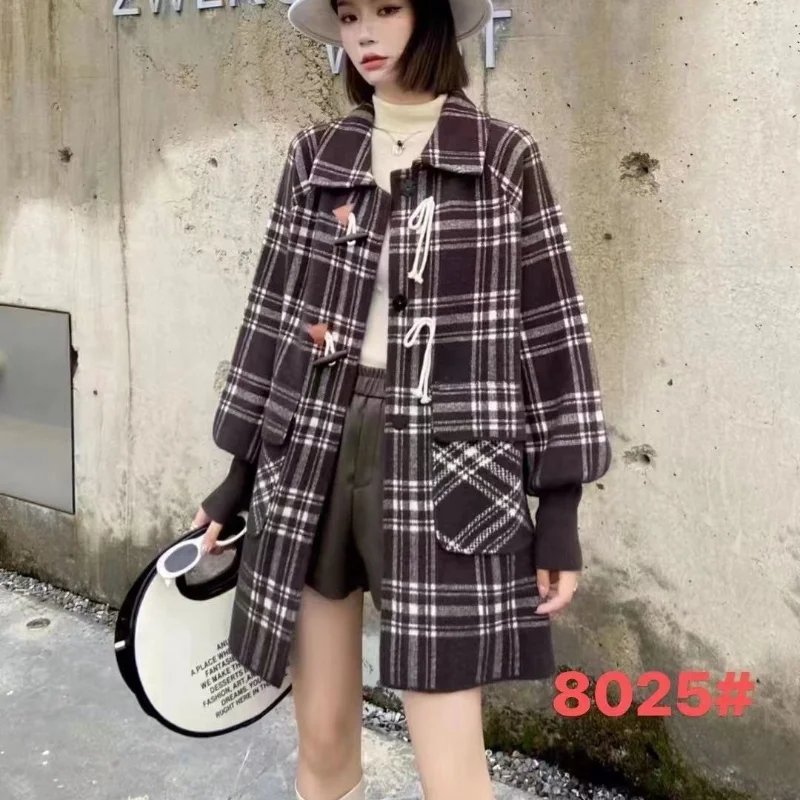Korean Vintage Cow Horn Buckle Plaid Coat Women 2022 Autumn and Winter New Loose Slim Medium Long Woolen Cardigan Coat Female