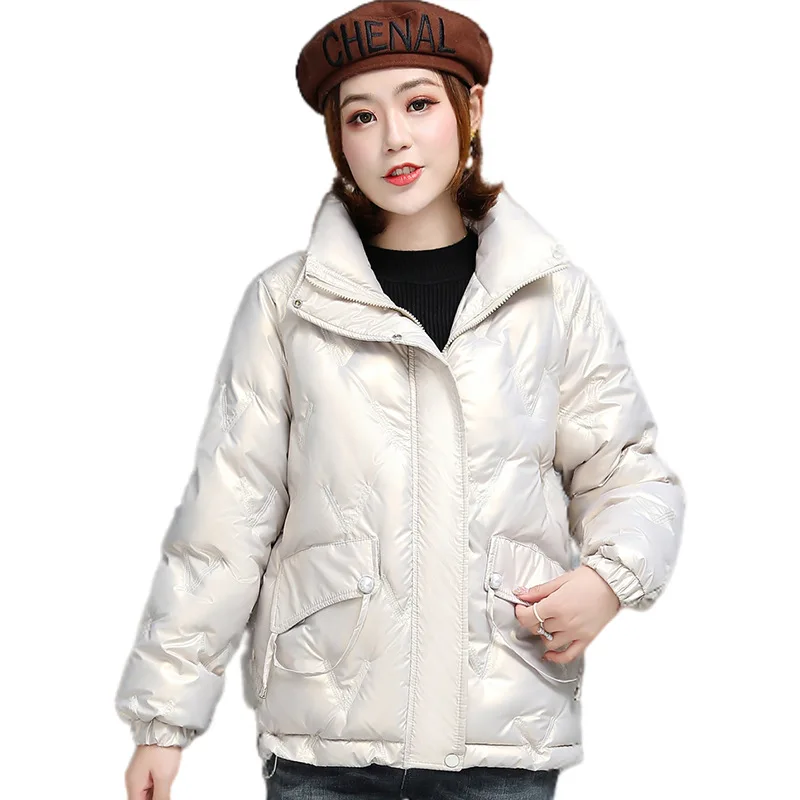 

Зимнее Новое блестящее теплое пальто без стирки, женские Короткие хлопковые парки, облегающие студенческие парки с воротником-стойкой