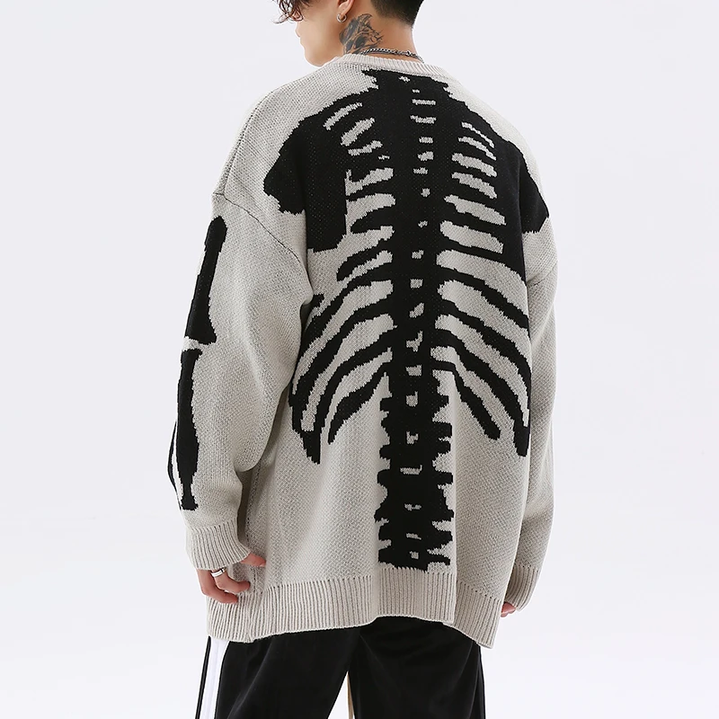 

Japanese Skeleton Sleeve Bone Print Crew Neck Sweaters for Men and Women Patchwork Pullover Knitted Oversized Wool Sweater
