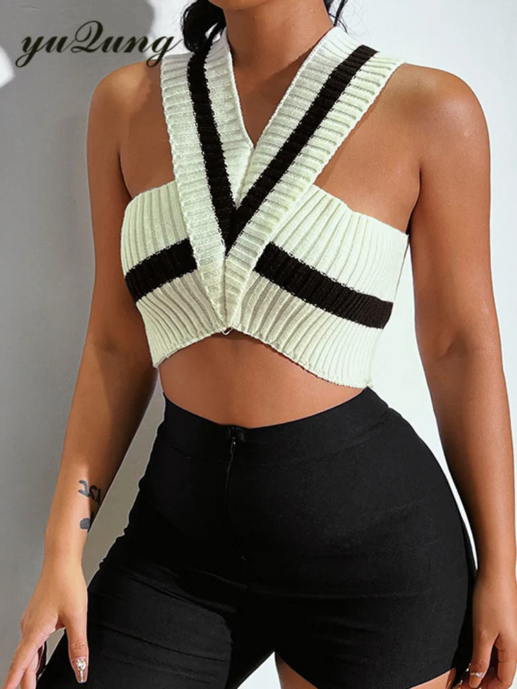 

Stripe Knit Halter Neck Crop Top Women 2022 Sexy Off Shoulder Sleeveless Worsted Vest Camis Female Party Street Wear Summer