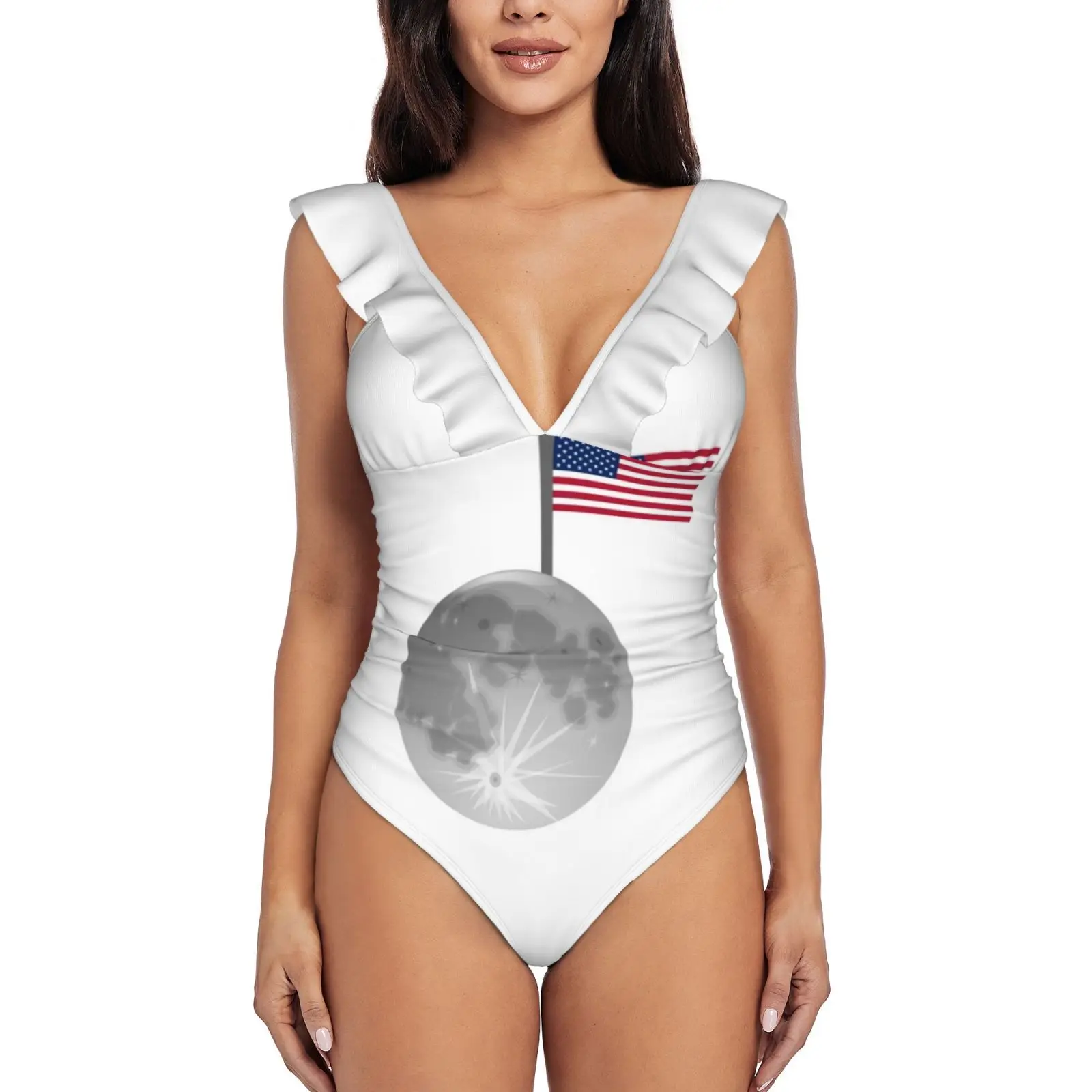 

Купальник с оборками и флагом США на луну, женский купальник, монокини, пляжная одежда, купальные костюмы, флаг США на луну, США