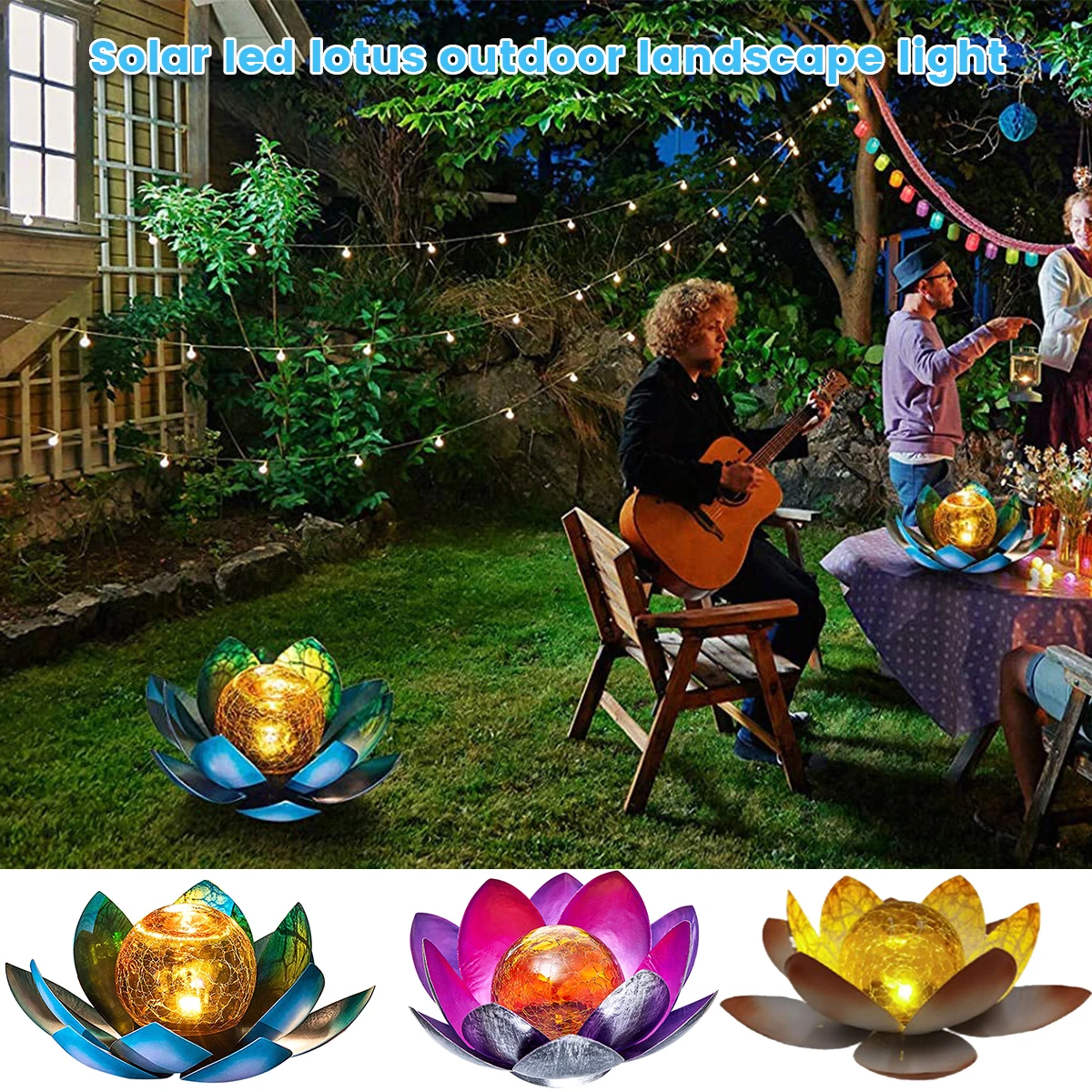 

New Garden Solar Light Outdoor Amber Crackle Globe Glass Lotus Light Waterproof Metal LED Flower Lights for Patio Lawn Porch