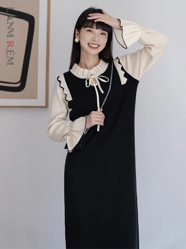 LANMREM Fungus Round Neck Dress Splice Knitted Flare Long Sleeve Dresses For Women 2023 New Spring Korean Style Clothing 2Q1084