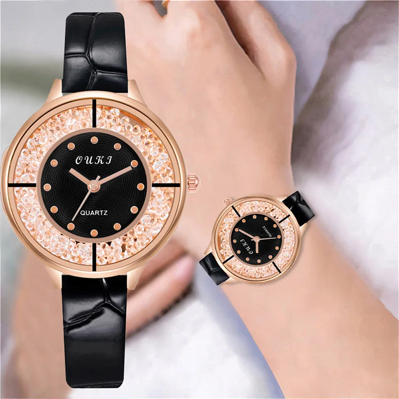 

Cool Flowing Crystal Womens Watches Luxury Leather Strap Rose Gold Waterproof Ladies Quartz Wristwatch Female Clocks Reloj Mujer