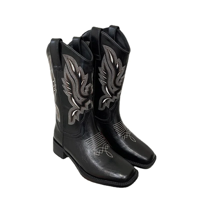 Fashion Embossed Microfiber Leather Women Boots Pointed Toe Western Cowboy Boots Women Knee-High Boots Chunky Wedges
