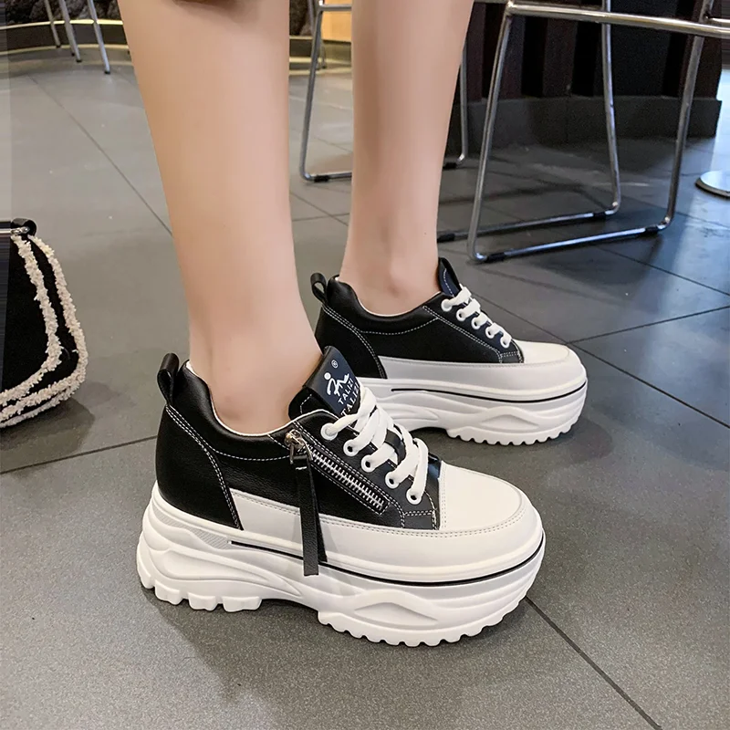 

Women Hidden Heels Sneakers 7CM High Platform Wedge Sneakers Autumn Zip Chunky Leather Shoes Woman Lace Up Dad White Ankle Shoes