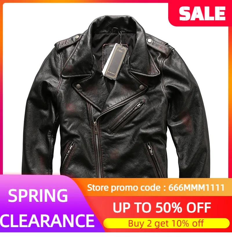

2022 Vintage Black Men American Motorcycle Style Leather Jacket Plus Size 4XL Genuine Cowhide Autumn Slim Fit Biker's Coat