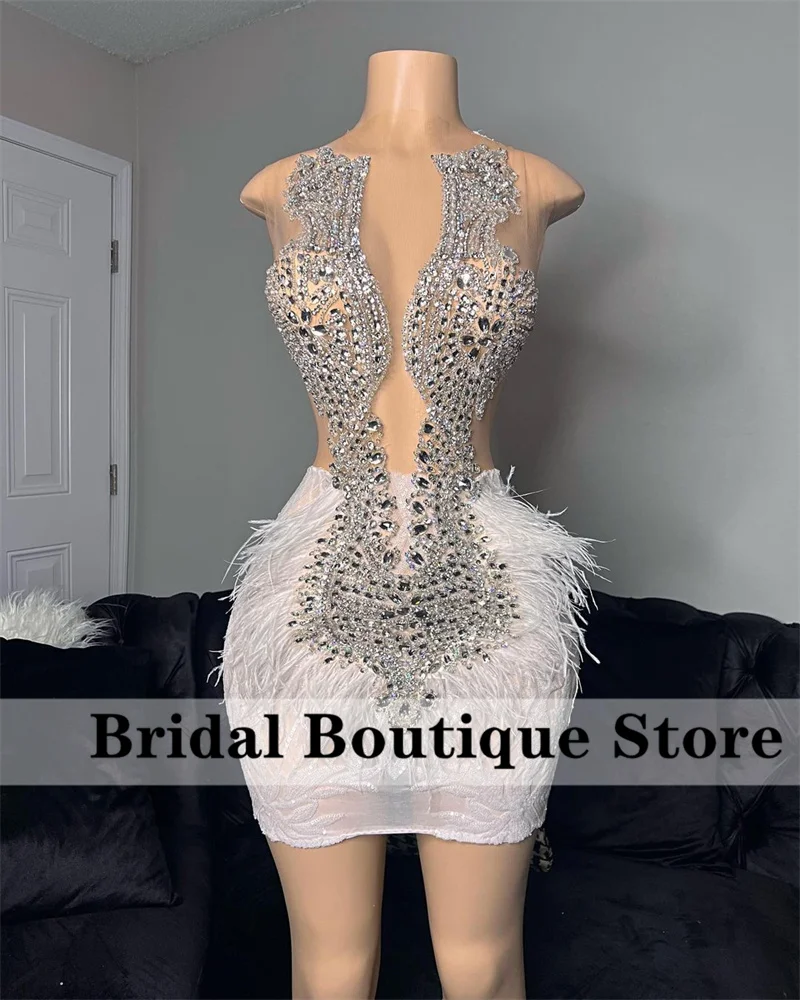 Luxury See-Thru Short Prom Dresses 2022 Sequins Beads Sheer Neck Cocktail Dresses Feathers Crystal Graduation Gowns Robe De Bal