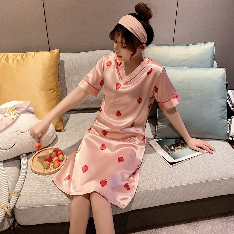 2022 Hot Summer Plus Size Silk Satin Print Nightgowns for Women Short Sleeve V-neck Sleepwear Nightdress Night Dress Home Nighty