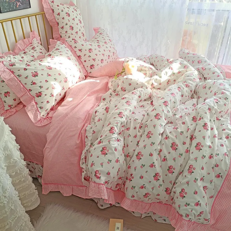 

4/6Pcs100%Cotton Bedding Set Vintage Elegant Flowers Duvet cover with Ruffle soft comfy bed sheet pillowcases Double Queen King