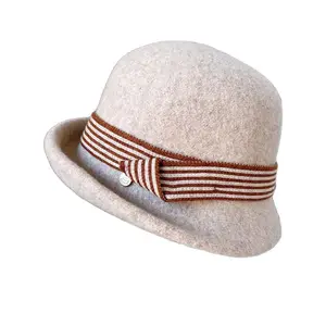 Vintage Style Women Winter Hats Felt Cloche Hat Stripped Ribbon Band Ladies Fedora Bucket Hat Bowler Hats Chuch Derby Hat