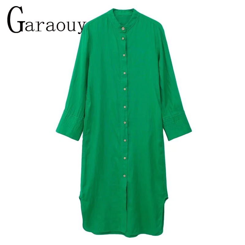 

Garaouy 2022 Spring Oversized Elegant Women Sundress Fashion O Neck Long Sleeve Linen Solid Long Shirt Dress Vestidos Robe Femme