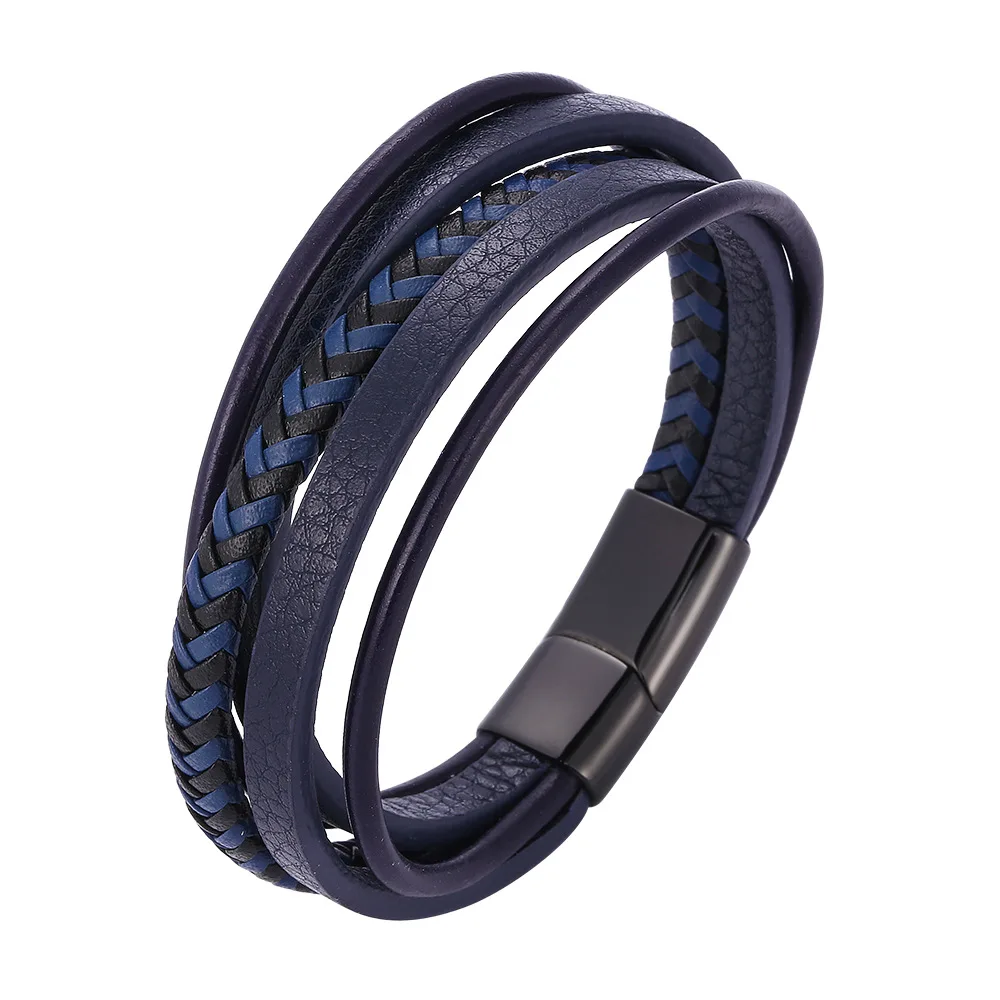 

Titanium Steel Multilayer Leather Braided Bracelet Blue Black Sailor Rope Stainless Steel Magnetic Buckle Men's Leather Bracelet