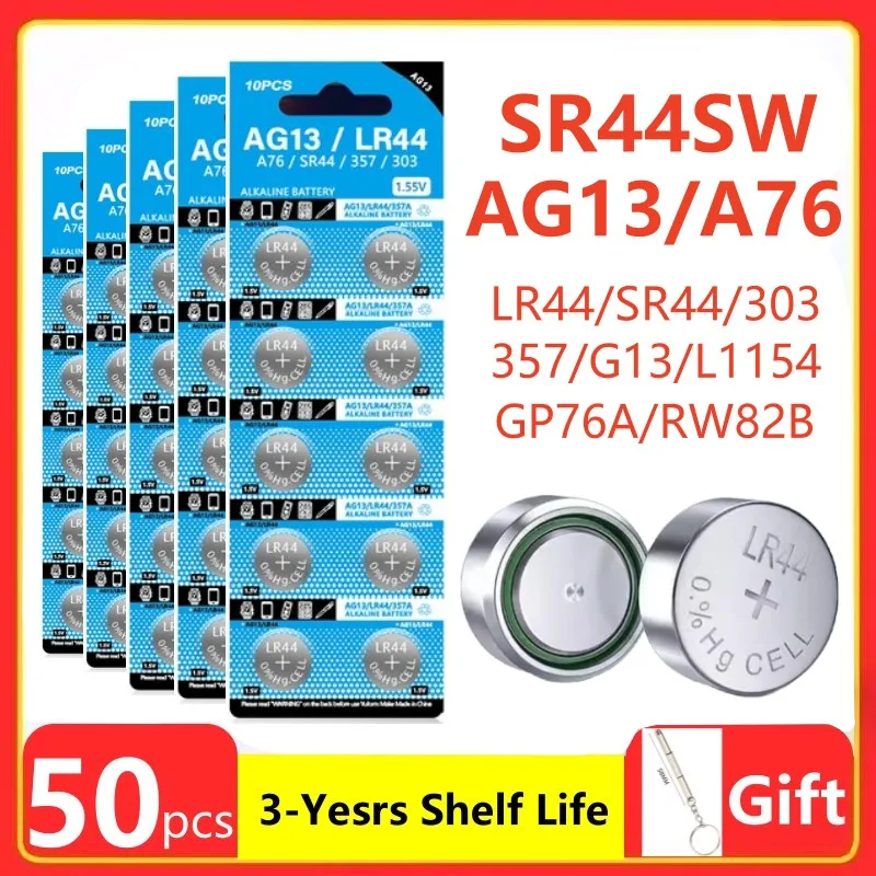 Кнопочная щелочная батарея AG13 LR44 A76 357A, 50 шт., 1,55 в, SR44SW L1154 SP76 pila 357 303 для часов, игрушек, без ртути Кнопочная щелочная батарея AG13 LR44 A76 357A, 50 шт., 1,55 в, SR44SW L1154 SP76 pila 357 303 для часов, игрушек, без ртути