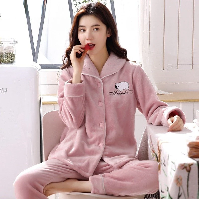 Flannel Pajamas Set Women Winter Warm Single Breasted Pyjamas Long Sleeve Soft Comfortable Sweet Elegant Woman Sleepwear Thicker