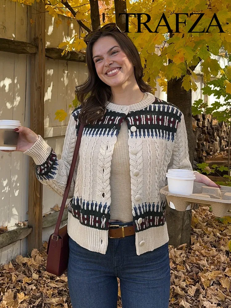 TRAFZA Осенняя женская элегантная жаккардовая лоскутная вязаная куртка с длинными