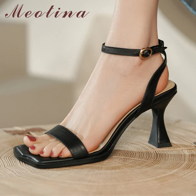 

Meotina Women Genuine Leather Ankle Strap Sandals Square Toe Block High Heels Buckle Ladies Fashion Shoes Summer Black Apricot